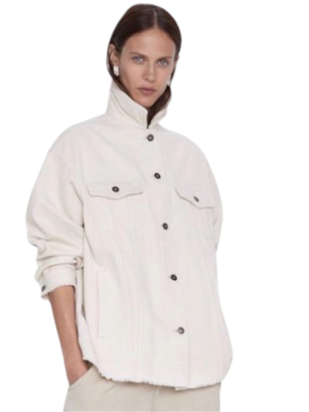 Zara Ivory Oversized Cotton Corduroy Raw Hem Shacket Shirt Jacket (S)